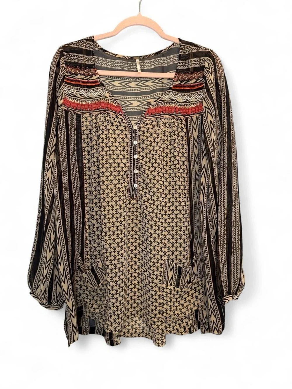Free People Feather in the Wind Boho Beaded Tunic Blouse Top Small